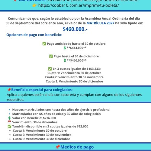 “Matrícula 2027 – Vencimiento y condiciones de pago”.